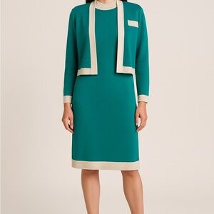 Vintage Teal and Cream Dress with Cardigan Set